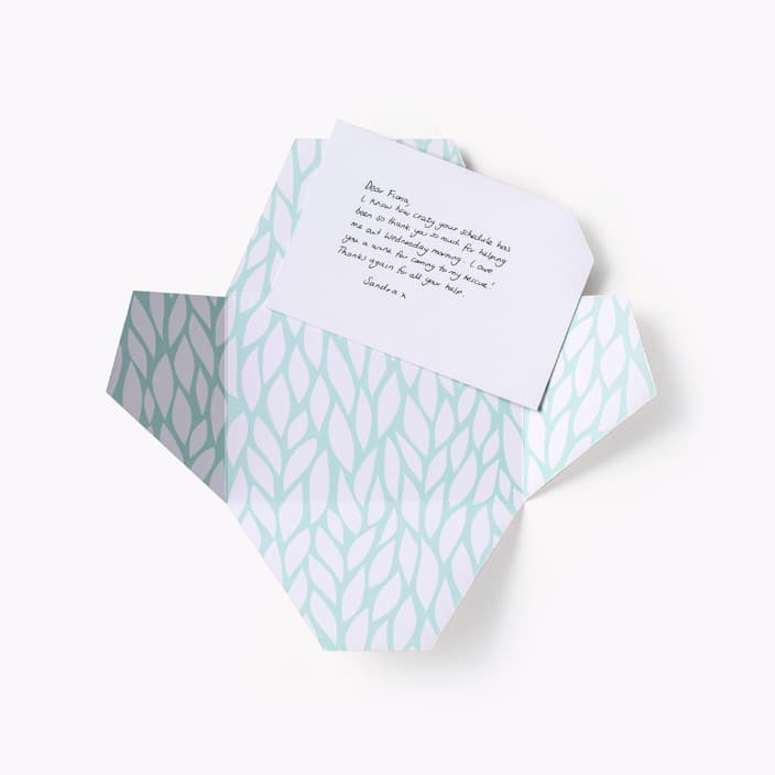 Signature Thankly Card with the Mint leaves envelope. Mint green leaves pattern on a white background.