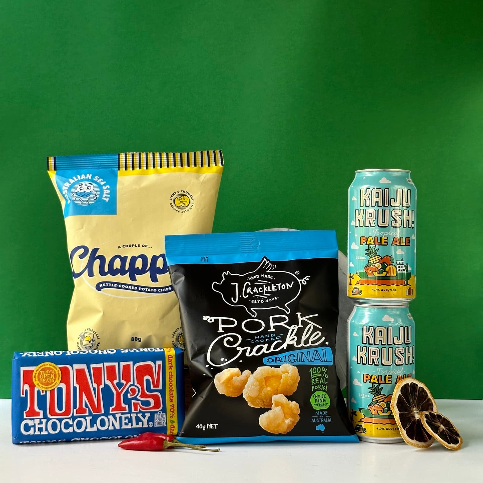 The Happy Chappy bundle features chips, pork crackle, dark chocolate, and craft beer. Perfect for birthdays, Father’s Day, or just because.